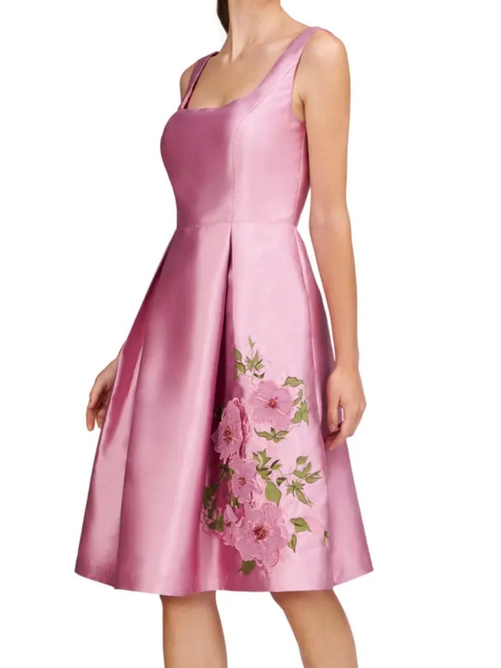 Kay Unger Rebekah Floral Appliqué Satin Fit Flare Midi Dress Pink Size 6